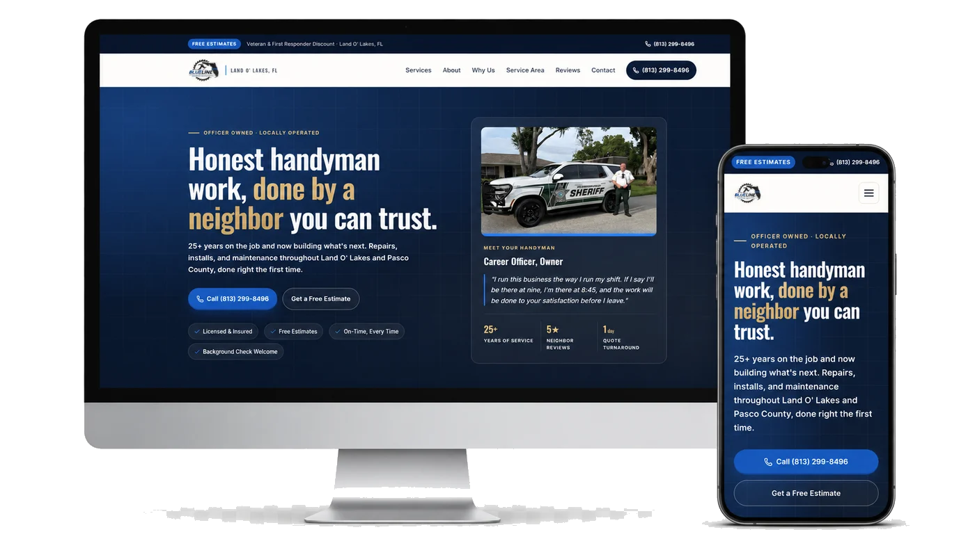 Desktop and mobile previews of the Blueline Handyman Services website