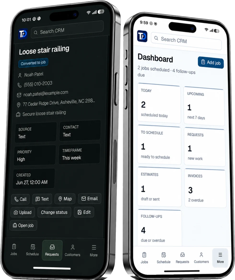 Two mobile screens from the TradesDesk service-business CRM demo